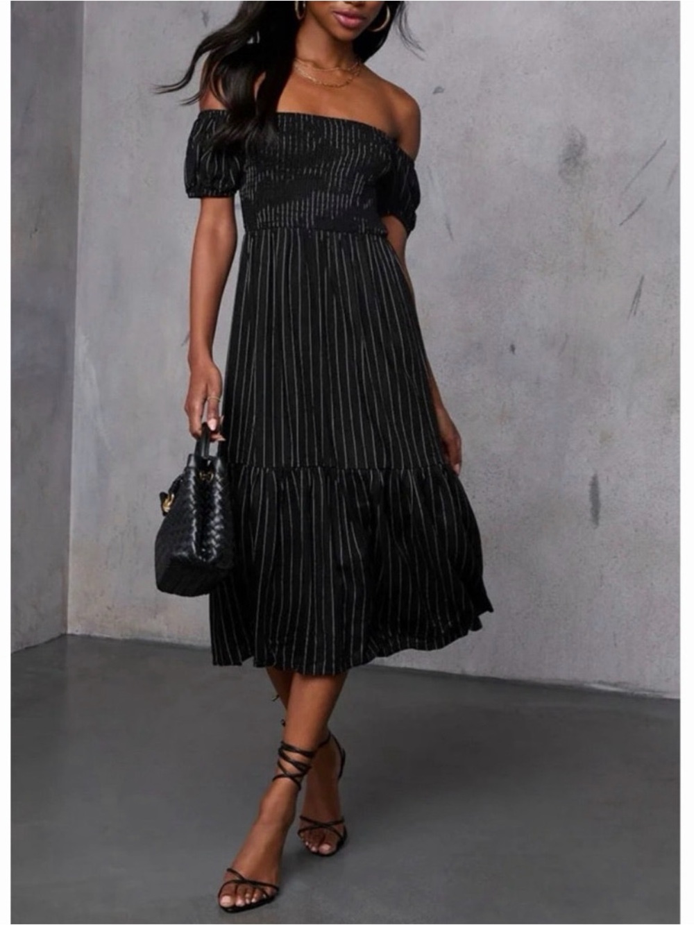 Jacquie The Label Linen Blend Smocked Midi Dress Black Stripe Puff Sleeve M